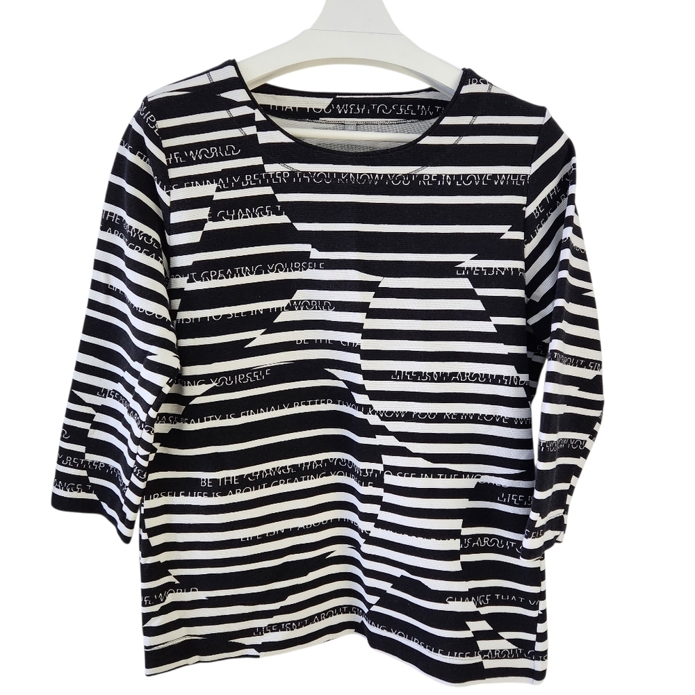 RABE Black & White Striped Graphic Print Top 3/4 Sleeve size 14